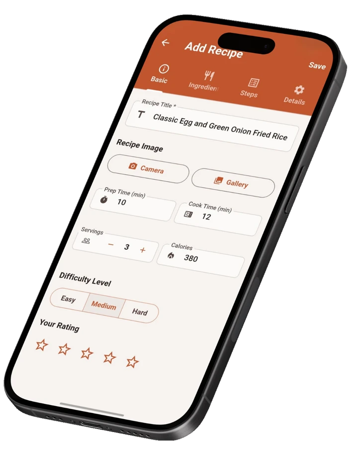 Sahten recipe editor with prep time, servings, and difficulty